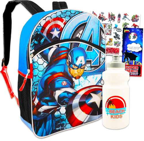 Captain America Rucksack-Set für Jungen, 40,6 cm, Avengers-Büchertaschen-Set mit Wasserflasche, Tattoos und mehr, Marvel Schultasche für Kinder, Schulbedarf