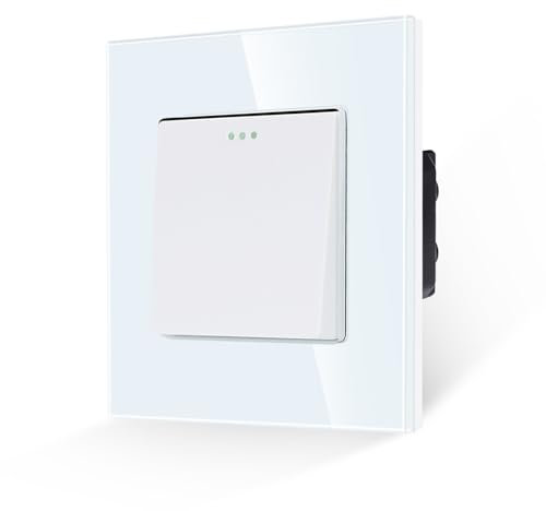 JIMEIDA Interruttore singolo per la luce, 1 gang, 1 via, interruttore a pulsante a bilanciere moderno in vetro cristallo bianco pannello da parete con punti fosforo, 10 A, 250 V