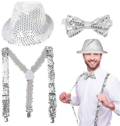 EUPSIIU 3 Stück Pailletten Kostüm Jazz Hip-Hop Dance Performance JGA Kostüm Zubehör mit Silber Jazz Hut Hosenträger Pailletten Fliege Latin Jazz Mardi Gras Cosplay Abschlussball(Silber)
