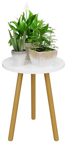 Bamworld Tall Plant Stand Indoor Round Plant Shelf Wood Plant Table for Flower Pots Heavy Duty Mid Century Plant Holder Modern Home Decor Small Round Side End Table White