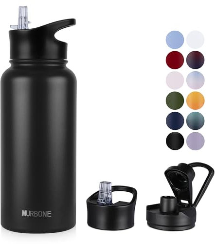 MURBONE Gourde en Acier Inoxydable 1L(+2 Bouchons) avec Paille Amovible,Bouteille Isotherme Sans BPA Thermos Double Paroi Sous Vide Étanche,anti-fuite,pour le Sport et Voyage