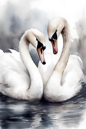 Acryl-Bild 60 x 90 cm: Zwei Schwäne auf dem Wasser. Digitale Aquarellmalerei. Illustration. (212237974)
