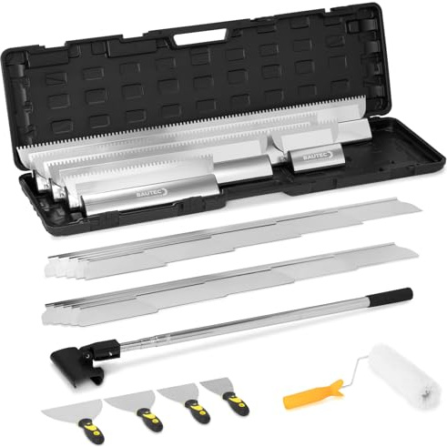 BAUTEC Profi Flächenspachtel-Set » NEU 28-tlg. + gezahnte Wechselblätter (20-100 cm), rostfreier Edelstahl, 4x Malerspachtel, Teleskopstange, Koffer