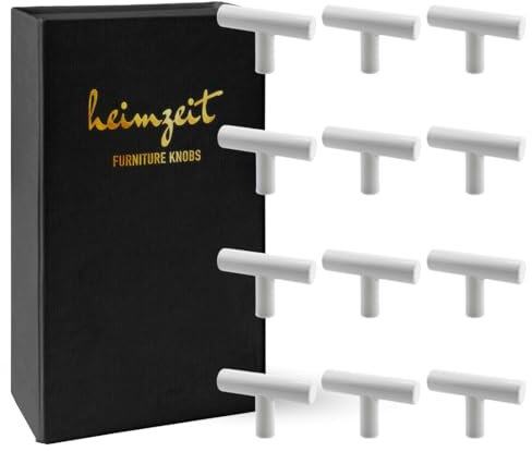 heimzeit Pomelli Armadio per Porte, Cassetti e Comodini in Acciaio Inox di Alta Qualità [12 Pezzi, a forma di T] Colore: Bianco, Design Elegante, Pomelli per Mobili con impugnatura a un foro e viti