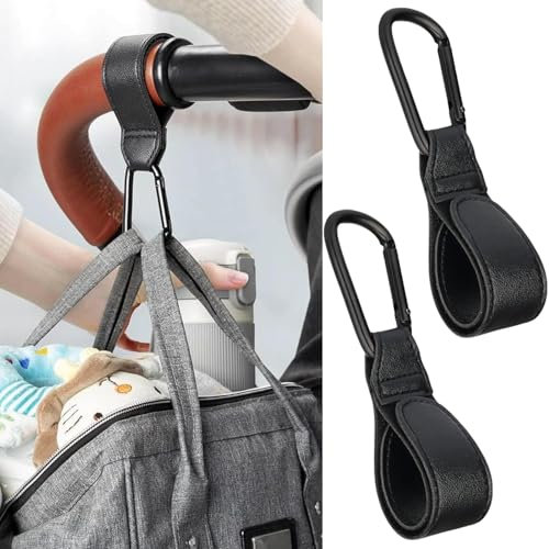 2 Pcs Pram Hook Clips, Buggy Clips Carrier Pram Hooks, Pram Bag Holder Made of Leather, Bag Hooks for Stroller, Pram Clips, Pram Hooks for Bags, Backpack Black
