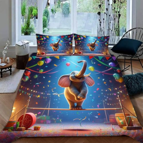 Ruiqieor Bettwäsche 200x200cm,Cartoon Bettwäsche-Set mit Zirkus Elefanten-Motiv,Kinder Bettbezug Set Mit Reißverschluss + 2 Kissenbezüge 80x80cm（#5）
