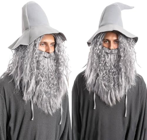 QUEENTAS Lang Grau Perücke Herren Magier Zauberer Cosplay Perücke Männer Perücken und Bart für Halloween Party Kostüm Fasching (Grau)