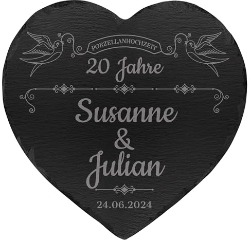 mtb more energy Personalisierbare Schiefertafel Herz ''20 Jahre Porzellanhochzeit'' - individuell anpassbar - 32x30cm - Laser Gravur auf Schieferherz - Hochzeit Geschenk
