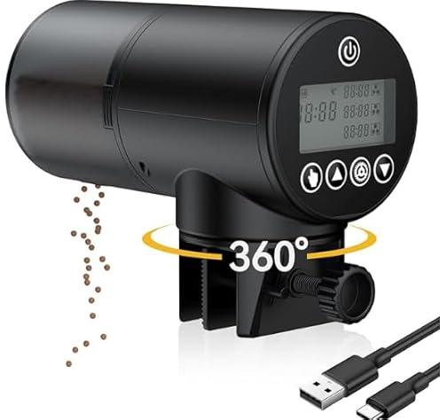 Pawfly Automatic Fish Feeder 200 ml for Aquarium USB Rechargeable Fish Accessories Holiday Food Feeder for Tank Adjustable Auto Food Dispenser for Pellets Strips