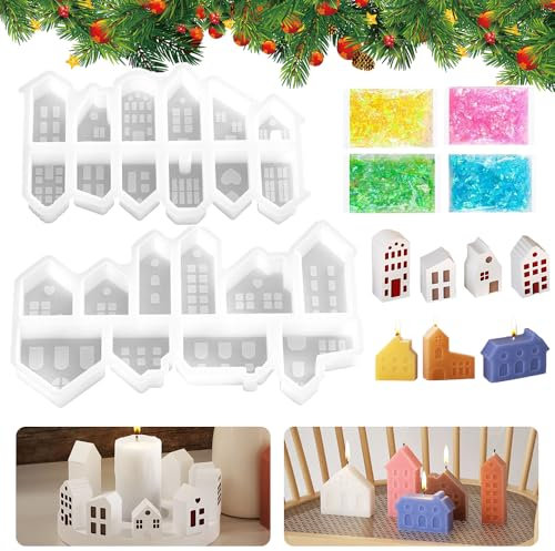 Silikonform Mini Häuser, 22 Formen, Silikonform Kleine Häuser Mit 4 Packungen Pailletten, Silikonformen Gießformen Häuser, Gießform Silikon Haus, Epoxidharz Formen Haus Silikonform.