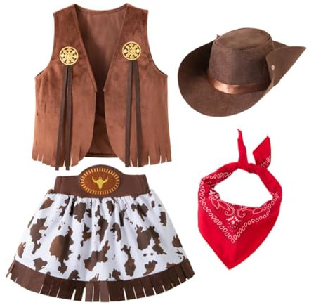 Lito Angels Vestito Costume Set da Cowgirl con Bandana Rossa, Gilet e Cappello per Bambina, Marrone