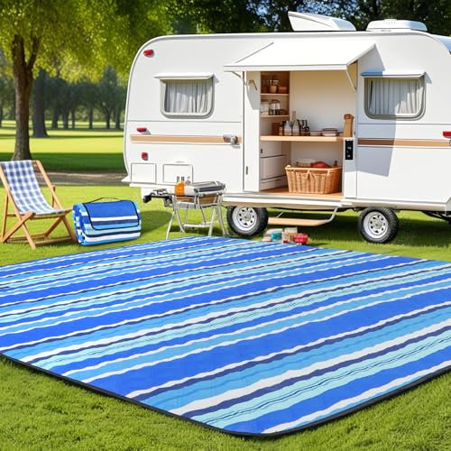 WildFun Outdoor-Picknickdecke 200x200cm (groß), wasserdichte, sanddichte Picknickmatte mit Trageriemen, waschbar, faltbar und tragbar für Camping, Strand, Park, Garten (Blau-Grün gestreift)