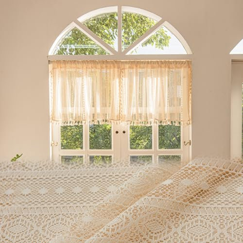 NSXIN Scheibengardine Halbtransparent Bistrogardine Spitze Küchengardinen Jacquard Gardinen Landhausstil Kurz Küchenvorhänge für Kleine Fenster Küche Wohnzimmer (74x77cm (2er Pack))