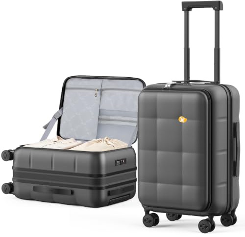 MGOB 20 Inch Front Opening Cabin Suitcase, 62L Expandable Carry On, Black | PC Hardshell, TSA Approved Lock, 4 Dual Spinner Wheels, Telescopic Aluminum Handle, Lightweight, Expandable Design