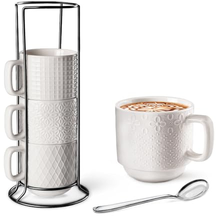 SPIPER Coffee Mug Ceramic Set of 4 with Stand - 14 oz Stackable Large Porcelain Ribbed Latte Cup Set for Cappuccino, Tea, Cocoa, Drinks - Dishwasher & Microwave Safe, white (Large)