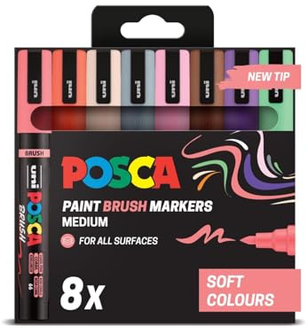 Posca PC-5BR Brush Tip Acrylic Paint Marker Pens, Soft Colours (8-Pack) | 1–4 mm Semi-Flexible Brush Tip, for All Surfaces, Non-Toxic, Water-Based