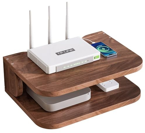 CZDANG Wandmontiertes WLAN-Router-Regal, schwebendes Projektor-Regal, 2-stufiges Kabelmanagement-Aufbewahrungsregal for DVD-Player, TV-Boxen, Fernbedienungen, drahtloses WLAN(Nussbaum)