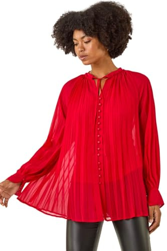 Roman Originals V-Neck Pleated Blouse for Women UK - Ladies Everyday Autumn Winter V-Neckline Comfy Soft Evening Vacation Work Party Night Out - Red - Size 20