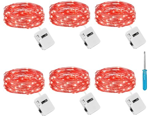 litogo 6 Pack Fairy Lights Battery Operated, 3 Modes Small String Lights | IP65 Waterproof Silver Wire, 2M 20LED Mini Battery Christmas Light for Jars Party Indoor Outdoor Home Decorations, Red