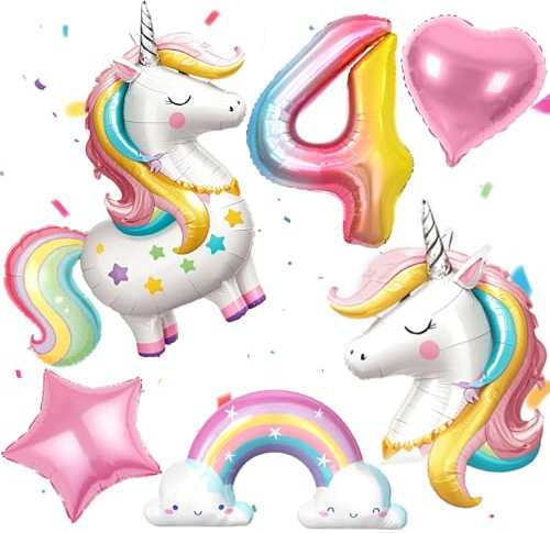 PtyPop Einhorn Deko Kindergeburtstag Mädchen 1 2 3 4 5 6 Jahre, Einhorn Luftballon Stehend Folienballon Regenbogen Herzluftballons, Einhorn Kindergeburtstag Decorations Party Deko (4 Jahre)