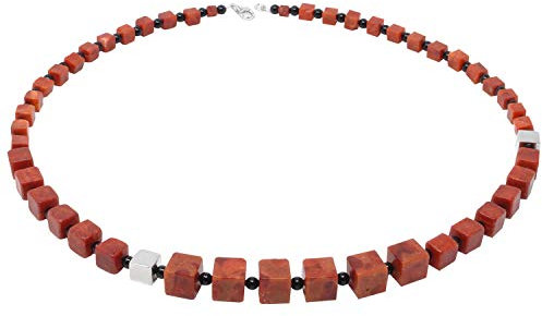 Kette Collier Koralle Würfel & Onyx & 925 Silber rot-braun schwarz Designerkette Damen