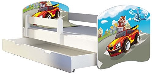Kinderbett Jugendbett mit einer Schublade und Matratze Weiß ACMA II 140 160 180 40 Design (180x80 cm + Bettkasten, 03 Racing Car)