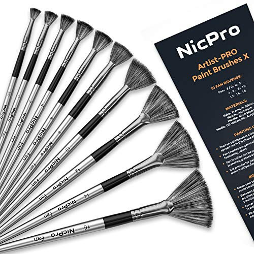 Nicpro 10 Pièces Pinceaux Peinture éventails Professionnel Nylon Anti-Perte Pinceaux pour Peinture à l'huile, Aquarelle, Acrylique, Artisanat, Modèles, Idéal pour Débutants et Professionnels