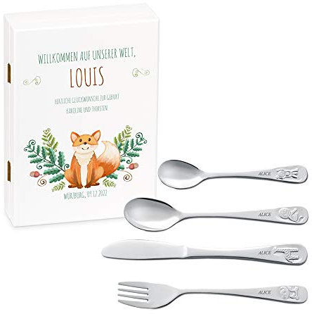 Maverton Kinderbesteck Set mit Gravur + Holzbox mit Aufdruck - mit Tieren - aus Edelstahl - Weiß - Geschenk für Jungen zum Geburtstag zur Taufe Geburt - Füchschen