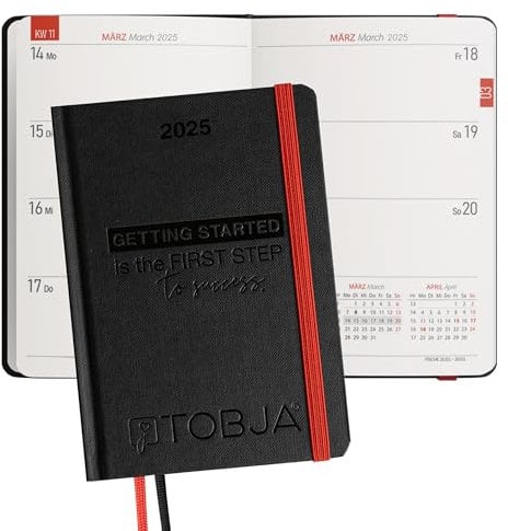 TOBJA Taschenkalender 2026 A6 schwarz - 1 Woche 2 Seiten, Robustes Hardcover, Taschenkalender 2026 klein, Ferien & Feiertage, 2 Lesebändchen & Gummibandverschluss, Kalender 2026 a6 [black]
