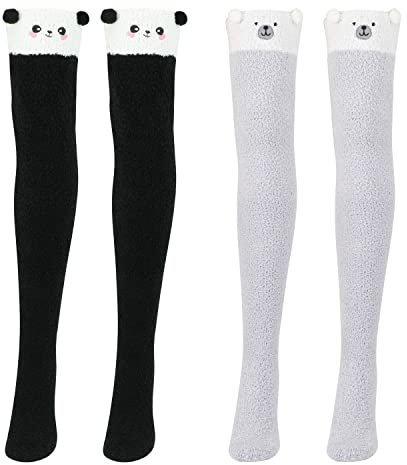 QKURT 2 Pairs Fluffy Thigh High Socks, Women Girls Knee High Socks Coral Fleece Warm Soft Over Knee Socks Cute Animal Long Socks for Winter