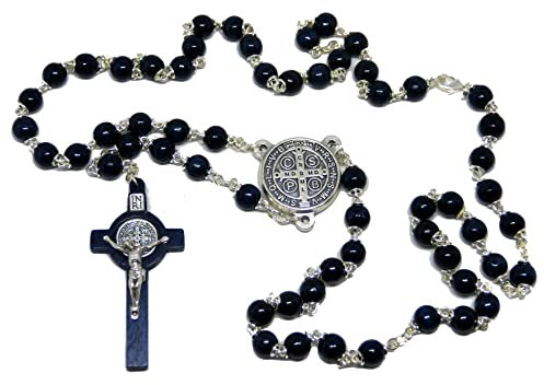 GTBITALY 90.685.90 Blau Rosenkranz des heiligen Benedikts aus Holz 50 Körner + 9 Halskörner mit Medaille Kreuz Silber Exorzist Exorzismus Kirche Priester Nonne, small, Holz