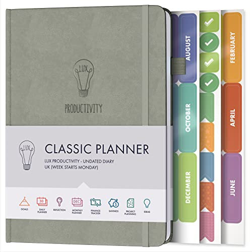 Tagesplaner & Terminplaner – Dankbarkeitstagebuch, Wellness-Tagebuch & undatierte Wochenplaner und Organizer 2023 – Schreibtisch-Tagebücher für Damen & Herren – LUX Productivity Classic (Perlgrau)