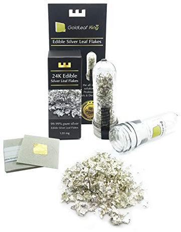 GoldleafKing Edible Silver Leaf Flakes Genuine 99.99% Purity - 120mg Bottle | Multi Purpose Food, Cake, Artworks | Perfect use with edible glitter edible gold leaf