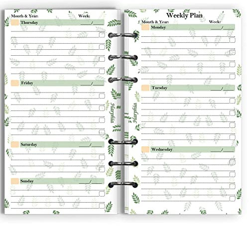 Wochenplan-Nachfüllpapier 2025, A6, Nachfüllpapier für 6-Ring-Notizbuch, undatiert, 17,5 x 9,5 cm, persönliche Größe, 90 Blatt/180 Seiten, doppelseitig bedruckt, 100 g/m² Qualität