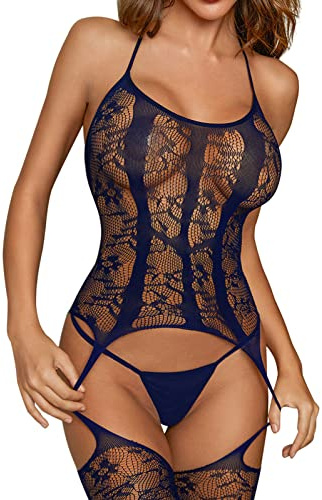 Xnova Babydoll Dam Nätstrumpa Spets Bodysuit med Integrerade Strumpbyxor Knutna Hals Bodystocking Bodysuit, Blå, one size