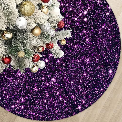 Gonna per albero di Natale viola, 116 cm, con paillettes, per albero di Natale, scintillante tappetino per albero di Halloween, in velluto, decorazione per la casa, paillettes, copertura rotonda per