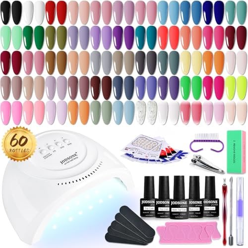 JODSONE 56 Couleurs Kit Vernis Semi Permanent Complet avec lampe UV, Base et Top Coat Kit Ongle Gel UV Complet Nail Art Kit Manucure, adaptés à toutes les saisons