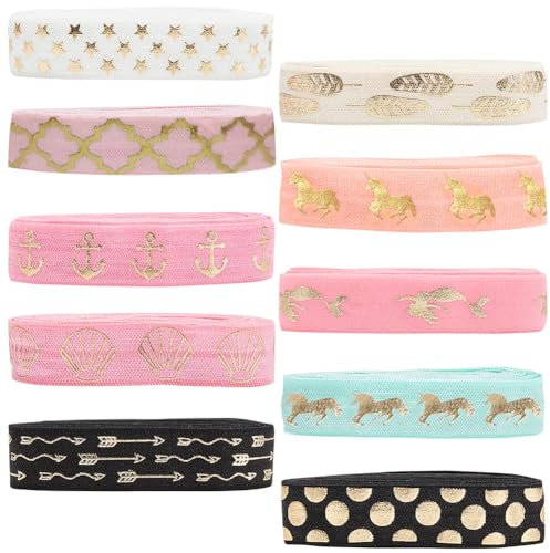 GORGECRAFT 10 Style 20 Yards Glitter Bedrucktes Gummiband Goldmuster Faltbares Stirnband Widerstandsfähiges Spandexband Dehnbare Bundrolle Für Heimwerker-Näharbeiten