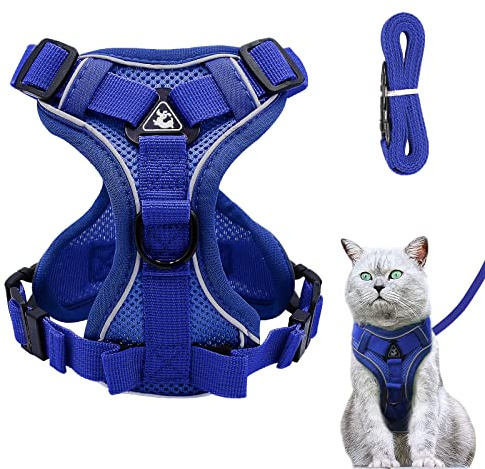 Cat Harness and Lead Set, Adjustable Kitten Harness and Lead Set with Reflective Strips Escape-Proof, Cat Vest Harness with Leash Sets for Cats Dogs Pets Walking (Dark blue, L)