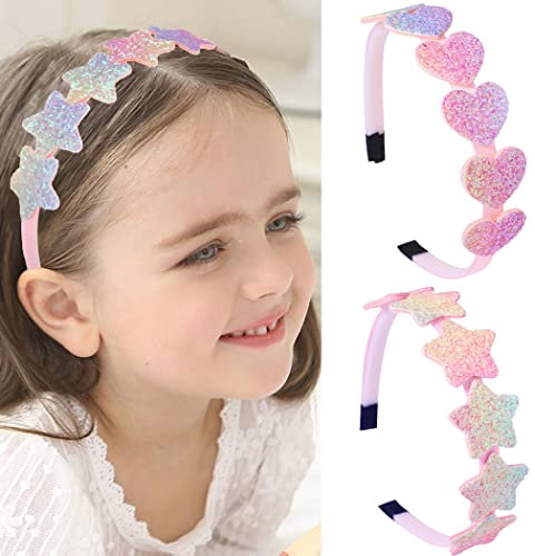 Fashband Mädchen Stirnbänder Pailletten Sterne Haarband funkelnde Herz Haarreif für Kinder Teens tägliches Tragen Geschenk Party Dekoration (Packung mit 2)(A)