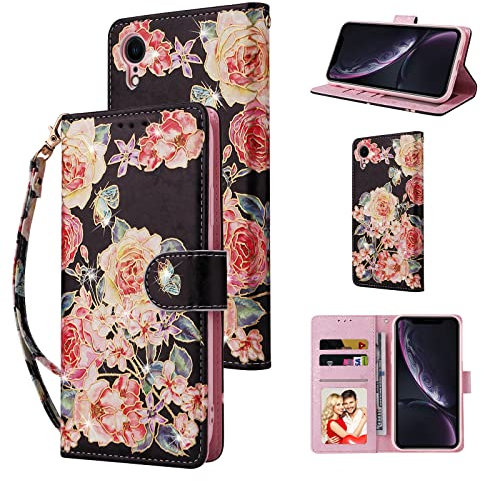 UEEBAI Wallet Case for iPhone XR, PU Leather Phone Case Kickstand RFID Blocking Flip Case with Card Slots Wrist Strap Relief Engraved Pattern Magnetic Closure Folio Case - Black Rose