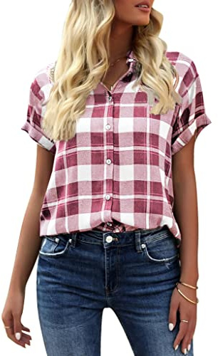 GeGekoko Women's Plaid Blouse Short Sleeve Checked Shirt with V-Neck Summer Buttons Down Tunic Tops, Pink, M