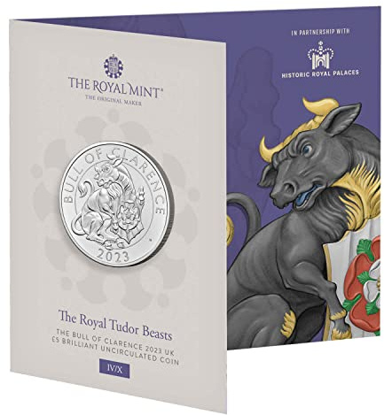CrawleyCoins 2023 Royal Tudor Beasts 04 Bull of Clarence £5 brillante unzirkulierte Münze in mint versiegelter Packung