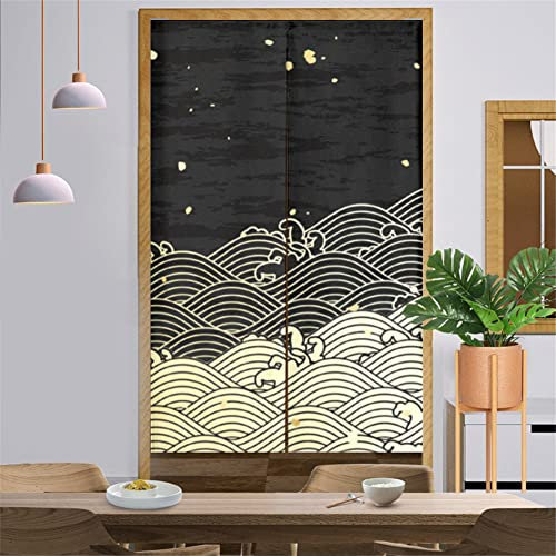 Surwin Rideau de Porte Japonais Long Tapisserie Noren en Lin Fenêtre Rideaux Panneau Tenture Tapisserie Décoration pour Cuisine Chambre Décoration de Maison (90x180cm,Vagues ondulantes)