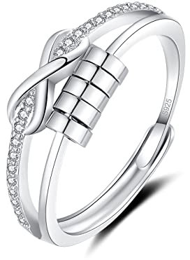 Deyanse Anxiety Ring, 925 Sterling Silber Anti Stress Ring, Bead Spinner Angst Ringe für Frauen Damen, Weißgold Endlos Unendlichkeits ringe, Offen Einstellbar Spinner Fidget Ring Anti-stress Ring