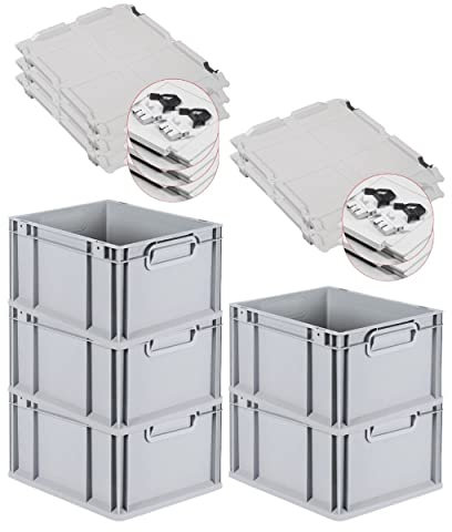 PROREGAL SuperSparSet 5x Eurobox NextGen Grip mit Scharnierdeckel und schwarzen Schiebeschnappverschlüssen, HxBxT 22x30x40cm, 20 L, Grau, Griffe geschlossen, Eurobehälter, Transportbox