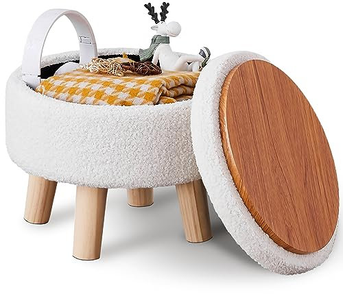 Wimarsbon Storage Ottoman, Modern Round Footrest with Soft Padded Seat, Teddy Velvet Footstool with Wood Legs, Accent Small Table or Plant Stand for Hallway, Living Room (Cream)