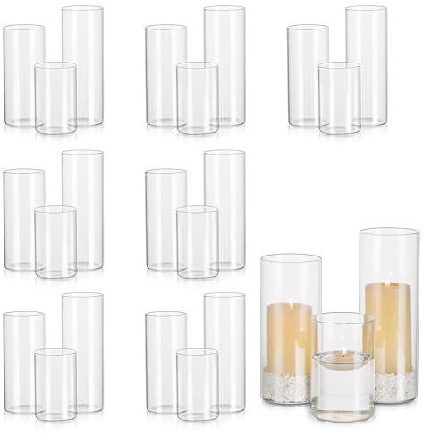 Glasseam Deko Kerzenhalter Stumpenkerzen Set, Durchsichtig Zylinder Kerzenständer Glas Vasen 24er, Windlicht Glaszylinder mit Boden für Blockkerzen Votivkerzen Schwimmende Kerzen Hochzeit Dekorations