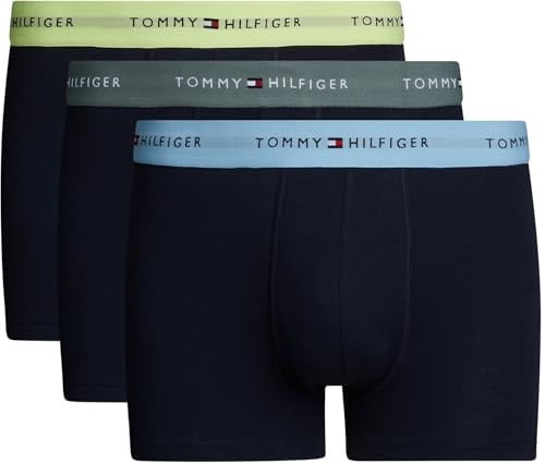 Tommy Hilfiger Herren 3er Pack Boxershorts Trunks mit Logobund, Mehrfarbig (Stonewash Green/Faded Lime/Col Blue), S-M
