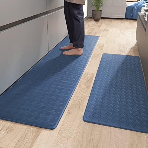 Color G Alfombra Cocina 44 x 75 + 44 x 150 cm, Anti Fatiga Alfombra Cocina Lavable Antideslizante, Cuero Alfombras Cocina Resistente al Aceite, Impermeable para Cocina, Salón, Oficina (Azul)